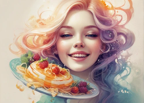 donut illustration,fantasy portrait,colorful pasta,confection,girl with cereal bowl,girl in flowers,flora,delicacy,romantic portrait,beautiful girl with flowers,digital painting,fruit blossoms,rapunzel,flower painting,flower art,flower girl,medusa,world digital painting,confectioner,woman with ice-cream,Illustration,Realistic Fantasy,Realistic Fantasy 15