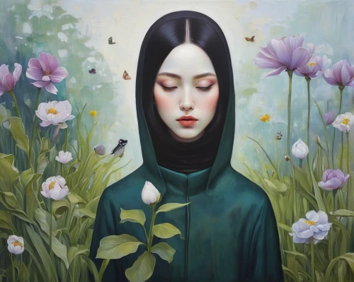 girl in flowers,kahila garland-lily,cloves schwindl inge,lily of the field,girl in the garden,lily of the desert,lily of the valley,lilly of the valley,girl picking flowers,flora,pollinate,oil painting on canvas,jasmine blossom,mystical portrait of a girl,lilies of the valley,lepidopterist,hesperia (butterfly),pollinating,lotus blossom,persian poet,Illustration,Realistic Fantasy,Realistic Fantasy 07