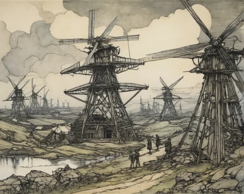 the windmills,windmills,wind mills,dutch landscape,dutch windmill,crane houses,harbor cranes,port cranes,wind mill,dutch mill,wind turbines,windmill,fields of wind turbines,industrial landscape,cool woodblock images,cranes from eberswalde,delft,barquentine,container cranes,cranes,Illustration,Retro,Retro 25