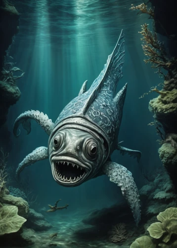 marine reptile,coelacanth,deep sea fish,rhino fish,steckerlfisch,sea animal,lissotriton,underwater fish,cuthulu,cetacea,pacific sturgeon,giant fish,gar,sturgeon,sea devil,anodorhynchus,dolphin fish,aquatic animal,deep sea,marine animal,Illustration,Realistic Fantasy,Realistic Fantasy 19