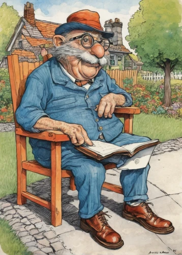man on a bench,elderly man,pensioner,grandpa,park bench,old man,geppetto,garden bench,reading magnifying glass,gnomes at table,color pencil,grandfather,immerwurzel,man talking on the phone,old person,mailman,the old man,elderly person,older person,gnome,Illustration,Black and White,Black and White 06