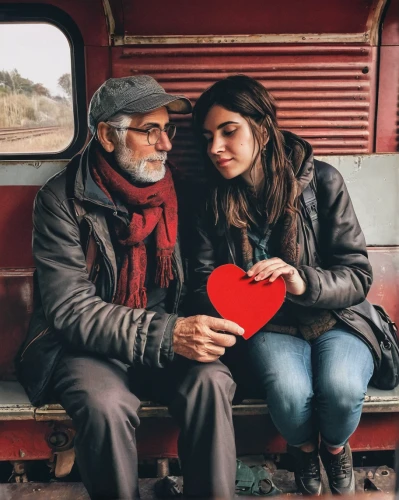 red heart on railway,glowing red heart on railway,red and blue heart on railway,old couple,red poppy on railway,train ride,love letters,train compartment,handing love,red heart medallion on railway,care for the elderly,heart medallion on railway,saint valentine's day,two people,vintage man and woman,as a couple,elderly people,man and woman,the girl at the station,train of thought,Illustration,Realistic Fantasy,Realistic Fantasy 23
