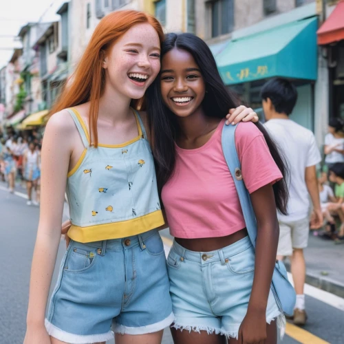 smiley girls,two girls,redheads,two friends,gap kids,young women,sewing pattern girls,bermuda shorts,multi-racial,teens,vintage girls,jean shorts,brunei,cute clothes,french tourists,happy faces,beautiful photo girls,vintage babies,girl in overalls,women friends,Illustration,Japanese style,Japanese Style 14