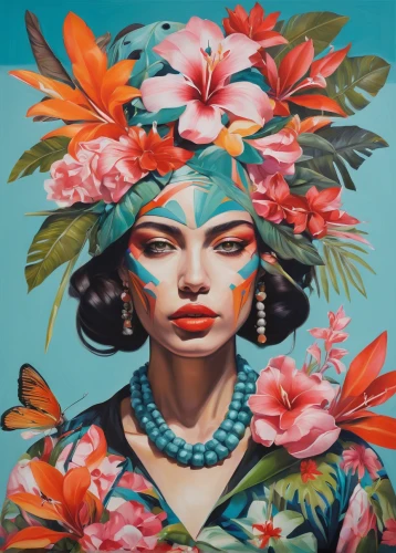 girl in flowers,girl in a wreath,kahila garland-lily,flora,floral composition,geisha girl,geisha,tropical bloom,wreath of flowers,flower painting,frida,flower hat,boho art,oil painting on canvas,flower girl,magnolia,floral wreath,tiger lily,flower wall en,blooming wreath,Illustration,Realistic Fantasy,Realistic Fantasy 24