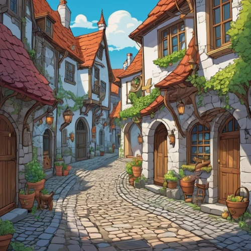 medieval street,medieval town,knight village,aurora village,escher village,alpine village,old town,stone houses,medieval architecture,townhouses,mountain settlement,wooden houses,marketplace,old city,meteora,narrow street,mountain village,the old town,the cobbled streets,spa town,Illustration,Japanese style,Japanese Style 07