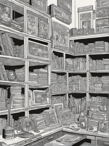 bookshelves,book wall,bookshelf,bookcase,bookstore,book store,bookshop,shelves,books pile,old books,books,pile of books,apothecary,shelving,the books,book illustration,book pages,carton boxes,stack of books,inventory,Illustration,American Style,American Style 15