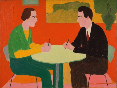 conversation,men sitting,postmasters,two people,olle gill,young couple,women at cafe,braque francais,people talking,talking,the coffee shop,art dealer,soda shop,popart,courtship,purée,mid century,modern pop art,seller,aperol,Art,Artistic Painting,Artistic Painting 09
