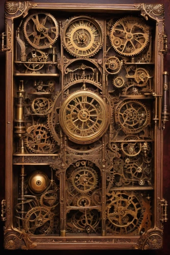 clockmaker,longcase clock,grandfather clock,mechanical puzzle,astronomical clock,scientific instrument,armoire,steampunk gears,old clock,watchmaker,ship's wheel,clockwork,orrery,magnetic compass,openwork frame,cabinet,panel,wall clock,control panel,carved wood,Illustration,Realistic Fantasy,Realistic Fantasy 13