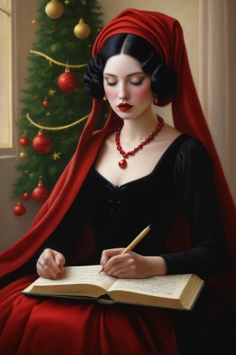 christmas woman,lady in red,red gift,red riding hood,the occasion of christmas,red pen,meticulous painting,candlemas,blonde girl with christmas gift,little red riding hood,women's novels,mystical portrait of a girl,christmas messenger,writing-book,romantic portrait,man in red dress,christmas pin up girl,seamstress,to write,book gift,Conceptual Art,Daily,Daily 22