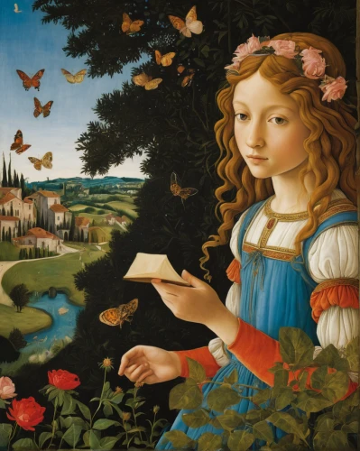 girl picking flowers,botticelli,girl picking apples,girl in the garden,girl in flowers,cupido (butterfly),child with a book,meticulous painting,girl with bread-and-butter,the annunciation,vanessa (butterfly),picking flowers,girl with cereal bowl,secret garden of venus,girl with tree,raffaello da montelupo,lacerta,cloves schwindl inge,woman with ice-cream,florentine,Art,Classical Oil Painting,Classical Oil Painting 43