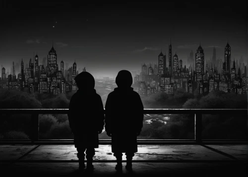 film noir,black city,vintage couple silhouette,silhouettes,couple silhouette,halloween silhouettes,women silhouettes,dark world,blackandwhitephotography,silhouetted,travelers,graduate silhouettes,overlook,gray-scale,citylights,metropolis,city lights,rooftops,dystopian,cities,Illustration,Abstract Fantasy,Abstract Fantasy 22