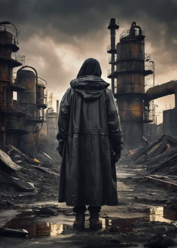 chemical plant,dystopian,refinery,petrochemicals,hooded man,apocalyptic,industrial landscape,photo manipulation,trench coat,oil industry,dystopia,post apocalyptic,stalingrad,wasteland,petrochemical,post-apocalyptic landscape,contaminated,steelworker,industrial,factories,Photography,Documentary Photography,Documentary Photography 24