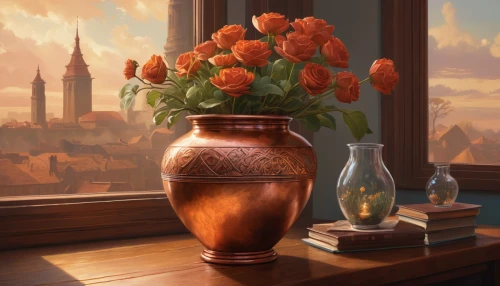 flower vase,vase,flower painting,still life of spring,terracotta flower pot,sunflowers in vase,windowsill,autumn still life,window sill,orange roses,spring morning,copper vase,vases,splendor of flowers,orange tulips,landscape rose,one autumn afternoon,corner flowers,summer still-life,scent of roses,Illustration,Realistic Fantasy,Realistic Fantasy 44