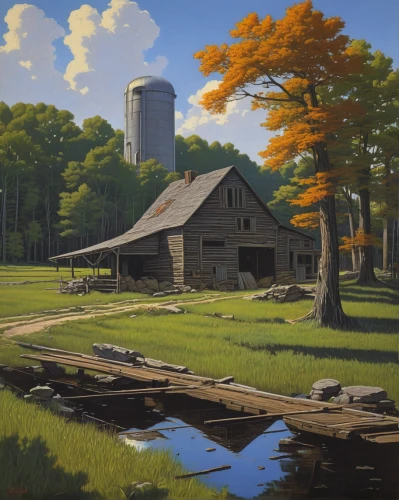 rural landscape,farm landscape,farmstead,salt meadow landscape,david bates,home landscape,gristmill,red barn,barns,dutch mill,fall landscape,country cottage,water mill,old mill,summer cottage,church painting,robert duncanson,country side,farm hut,the farm,Conceptual Art,Sci-Fi,Sci-Fi 15