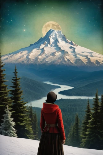 rainier,mount hood,trillium lake,mt hood,the spirit of the mountains,mountain vesper,travel poster,stratovolcano,snowy peaks,red coat,mt rainier,mount rainier,snowy mountains,mountain spirit,salt meadow landscape,snow mountain,cascade mountain,overlook,olympic mountain,alpine meadows,Illustration,Realistic Fantasy,Realistic Fantasy 35