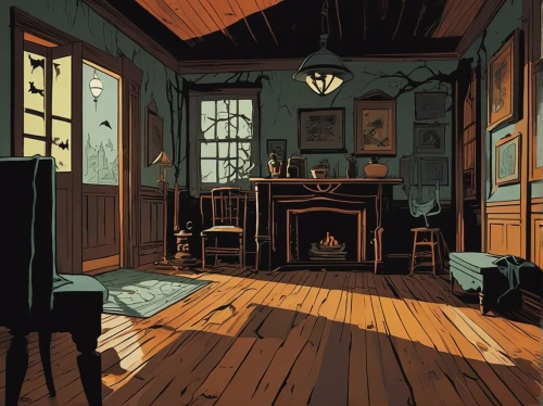 house painting,cabin,wooden floor,danish room,cottage,old home,study room,sitting room,woodwork,livingroom,cold room,interiors,abandoned room,the little girl's room,tenement,indoors,doll's house,victorian,house silhouette,rooms,Illustration,American Style,American Style 09