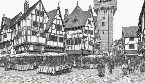 medieval market,half-timbered houses,colmar,colmar city,tübingen,strasbourg,muenster,rothenburg,nuremberg,miltenberg,medieval architecture,half-timbered,wissembourg,hildesheim,freiburg,eguisheim,bamberg,honfleur,medieval street,braunschweig,Illustration,American Style,American Style 14