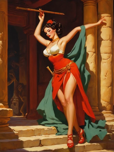 cleopatra,orientalism,fantasy woman,man in red dress,woman playing violin,lady in red,majorette (dancer),jane russell-female,baton twirling,athena,woman playing,fantasy art,vintage art,dancer,artemisia,pin-up girl,ancient costume,fantasy picture,belly dance,lady justice,Illustration,Retro,Retro 10