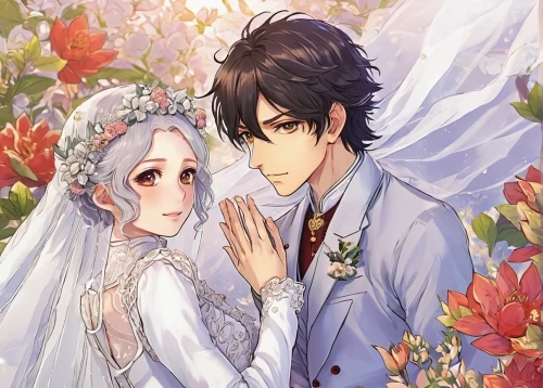 silver wedding,wedding couple,sun bride,bride and groom,wedding photo,bridal,prince and princess,wedding dress,groom bride,wedding ceremony,wedding icons,holding flowers,bride,bridal veil,bridal dress,everlasting flowers,bridal clothing,wedding,married,golden weddings,Illustration,Japanese style,Japanese Style 12