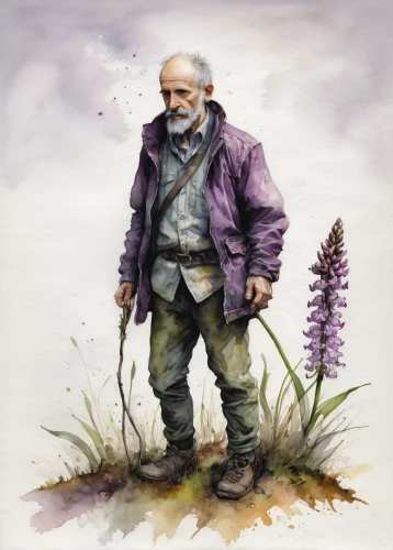 gardener,the wanderer,elderly man,dwarf sundheim,picking vegetables in early spring,lavendar,farmer,farmer in the woods,game illustration,foraging,permaculture,hiker,lavandula,mountain guide,gamekeeper,old man,sow thistles,grandfather,purple thistle,phacelia,Illustration,Abstract Fantasy,Abstract Fantasy 18