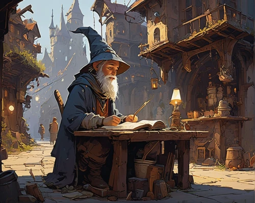 scholar,merchant,gnomes at table,tutor,apothecary,magistrate,librarian,vendor,tutoring,game illustration,pilgrim,candlemaker,medieval,tinsmith,blacksmith,watchmaker,writing-book,sci fiction illustration,medieval town,parchment,Conceptual Art,Sci-Fi,Sci-Fi 01