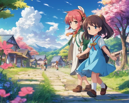 springtime background,spring background,sakura background,japanese sakura background,flower delivery,holding flowers,picking flowers,playing outdoors,studio ghibli,girl and boy outdoor,stroll,yuki nagato sos brigade,euphonium,flower background,hiyayakko,hand in hand,spring blossoms,blooming field,falling flowers,sakura blossoms,Illustration,Japanese style,Japanese Style 03