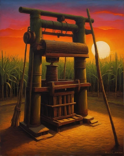 sugar cane press,straw press,sugarcane,sugar cane,agriculture,agricultural machine,farm landscape,oil industry,agricultural,drilling machine,rural landscape,threshing,industrial landscape,sugarcane juice,oil barrels,agroculture,agricultural use,straw cart,machinery,bamboo frame,Illustration,Abstract Fantasy,Abstract Fantasy 09