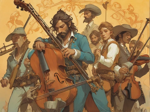 orchestra,musicians,violinists,musical ensemble,mariachi,symphony orchestra,orchesta,violin family,string instruments,music band,violins,music book,philharmonic orchestra,street musicians,orchestral,stagecoach,music instruments,game illustration,pilgrims,musketeer,Illustration,Paper based,Paper Based 17