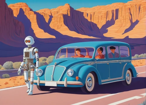 sci fiction illustration,autonomous driving,volkswagen beetlle,travelers,mission to mars,volkswagon,desert safari,caravan,mars rover,retro vehicle,passengers,auto union,droids,moon car,volkswagen vw,desert racing,retro automobile,volkswagen,desert run,science-fiction,Illustration,Retro,Retro 26