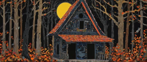 witch house,house in the forest,witch's house,birdhouses,birdhouse,bird house,the haunted house,cottage,haunted house,autumn camper,illuminated lantern,lonely house,halloween illustration,little house,outhouse,burning house,halloween scene,wooden hut,tree house,lantern,Illustration,Japanese style,Japanese Style 16