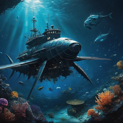 submersible,deep sea,deep sea diving,undersea,deep-submergence rescue vehicle,deep sea nautilus,semi-submersible,constellation swordfish,underwater background,underwater diving,deep sea fish,the bottom of the sea,underwater world,sea life underwater,aquanaut,bottom of the sea,coelacanth,sunken boat,underwater landscape,ocean underwater,Conceptual Art,Fantasy,Fantasy 12