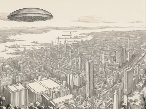 airships,airship,atomic age,sci fiction illustration,metropolis,unidentified flying object,zeppelins,flying saucer,futuristic landscape,sky city,science fiction,ufo intercept,science-fiction,zeppelin,sky space concept,airspace,ufo,artificial fly,alien invasion,heliosphere,Illustration,Retro,Retro 22