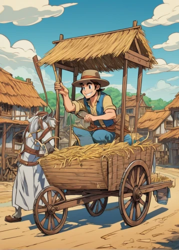 straw cart,straw carts,wooden wagon,wooden cart,straw hats,delivery service,log cart,covered wagon,bale cart,straw hat,straw harvest,delivering,oxcart,western riding,ox cart,popeye village,wooden carriage,wild west,farming,village life,Illustration,Japanese style,Japanese Style 07