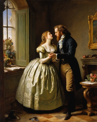 courtship,young couple,bougereau,romantic scene,romantic portrait,amorous,serenade,dancing couple,man and wife,romance novel,as a couple,la violetta,engagement,first kiss,love in the mist,romance,lover's grief,woman holding pie,waltz,the ball,Art,Classical Oil Painting,Classical Oil Painting 09