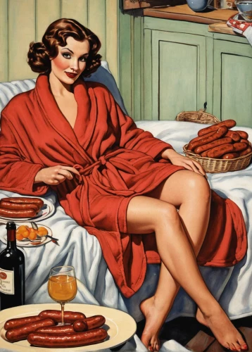 sausages in a dressing gown,woman drinking coffee,woman on bed,retro women,housework,red tablecloth,housewife,cigarette girl,breakfast in bed,girl in the kitchen,valentine day's pin up,sausage plate,retro woman,david bates,domestic life,seamstress,red sausage,1940 women,woman at cafe,vintage illustration,Illustration,Retro,Retro 06