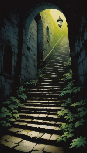 dungeons,hollow way,threshold,the mystical path,hall of the fallen,stone stairway,lostplace,the path,devilwood,dungeon,dead end,catacombs,the threshold of the house,backgrounds,the ruins of the,witch's house,lost place,heaven gate,adventure game,game illustration,Illustration,Japanese style,Japanese Style 20