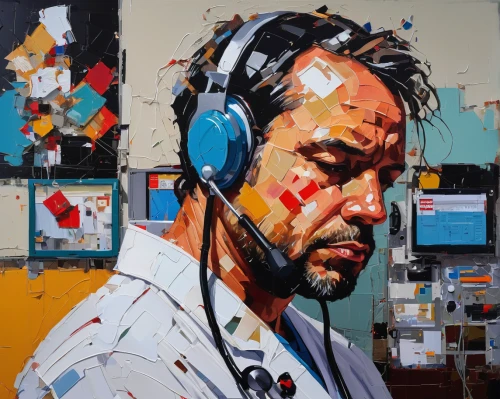 italian painter,painting technique,man with a computer,high-wire artist,audiophile,man talking on the phone,analyze,street artist,art painting,oil painting on canvas,meticulous painting,headphone,painter,artist portrait,self-portrait,headphones,cool pop art,graffiti art,painting work,streetart,Conceptual Art,Oil color,Oil Color 07