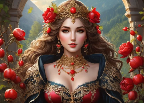 queen of hearts,fantasy portrait,oriental princess,fantasy art,pomegranate,heart with crown,red fly agaric,fantasy woman,red apples,red fly agaric mushrooms,priestess,red berries,red fly agaric mushroom,celtic queen,red currant,fairy queen,crowned goura,the enchantress,portrait background,miss circassian,Photography,Fashion Photography,Fashion Photography 04