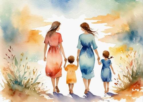 walk with the children,watercolor baby items,watercolor women accessory,watercolor background,watercolor painting,watercolor,watercolor paint,church painting,little girls walking,the mother and children,holy family,the dawn family,lily family,families,watercolors,water color,parents with children,parents and children,blessing of children,women silhouettes,Illustration,Paper based,Paper Based 25