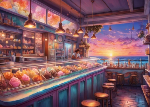 ice cream shop,ice cream parlor,ice cream stand,bakery,beach bar,watercolor tea shop,watercolor cafe,pastry shop,beach restaurant,soda shop,coconut bar,ice cream cart,seafood counter,confectionery,soap shop,candy bar,cake shop,soda fountain,candy shop,candies,Illustration,Paper based,Paper Based 04