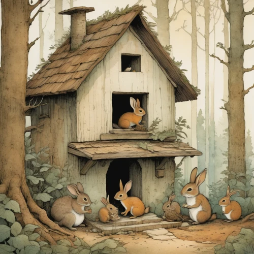 rabbit family,rabbits and hares,rabbits,woodland animals,bunnies,peter rabbit,whimsical animals,forest animals,hare window,children's fairy tale,hares,easter rabbits,fox and hare,hare trail,wood rabbit,brown rabbit,house in the forest,a collection of short stories for children,children's background,little house,Illustration,Paper based,Paper Based 29