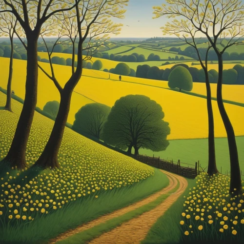 daffodil field,field of rapeseeds,brook avens,rapeseed field,tommie crocus,carol colman,yellow grass,green fields,francis barlow,olle gill,hare field,daffodils,george russell,grant wood,rapeseed,rural landscape,blooming field,james handley,martin fisher,sussex,Art,Artistic Painting,Artistic Painting 30