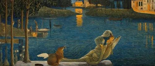 the blonde in the river,girl on the river,idyll,dog in the water,night scene,ritriver and the cat,source de la sorgue,rusalka,hallia venezia,woman at the well,girl with a dolphin,girl with dog,girl on the boat,gondolas,gondolier,delft,narcissus,lily of the nile,the magdalene,fisher,Art,Classical Oil Painting,Classical Oil Painting 43