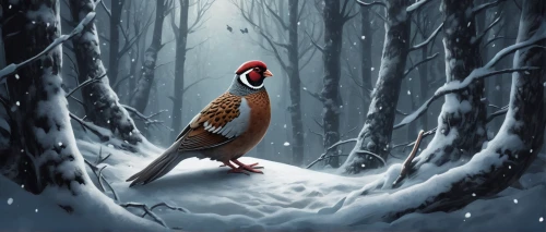ring necked pheasant,ring-necked pheasant,pheasant,ivory-billed woodpecker,common pheasant,golden pheasant,winter animals,winter chickens,woodpecker bird,woodpecker,bird illustration,christmas snowy background,bird painting,pheasant's-eye,winter background,forest animal,nature bird,red beak,red avadavat,ornithology,Conceptual Art,Fantasy,Fantasy 34