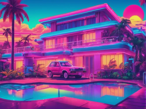 tropical house,aesthetic,80's design,miami,80s,bungalow,tropics,cabana,beach house,retro styled,suburban,neon,suburbs,palms,neon lights,beachhouse,motel,florida home,real-estate,neon light,Conceptual Art,Sci-Fi,Sci-Fi 28