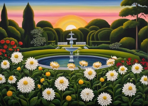 fountain of the moor,fountain pond,garden of eden,flower garden,garden of the fountain,salt meadow landscape,flower water,crescent spring,rosarium,brook landscape,idyll,fountain lawn,mountain spring,secret garden of venus,lilly pond,oasis,gardens,narcissus,khokhloma painting,home landscape,Illustration,Abstract Fantasy,Abstract Fantasy 12