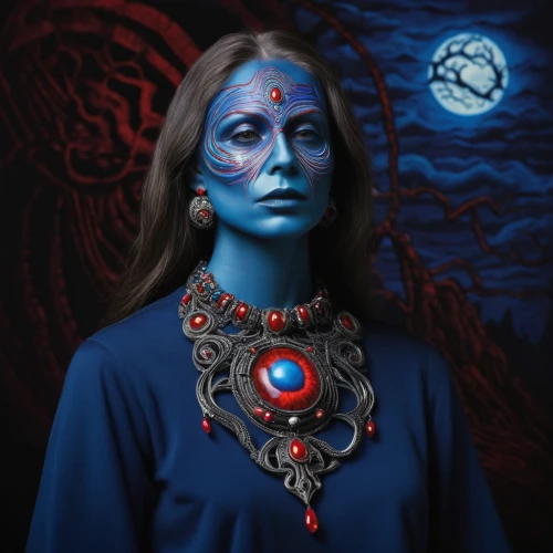 blue enchantress,mystique,catrina calavera,shamanic,shamanism,voodoo woman,bodypainting,earth chakra,avatar,nebula guardian,priestess,body painting,mother earth,catrina,vampire woman,bodypaint,blue moon rose,blue peacock,phase of the moon,yogananda,Illustration,Abstract Fantasy,Abstract Fantasy 21