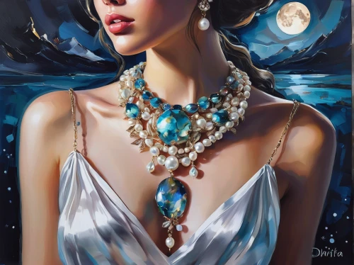 water pearls,moonlit night,moonlit,queen of the night,blue moon rose,lady of the night,blue moon,pearl necklace,fantasy art,pearls,oil painting on canvas,blue enchantress,art deco woman,moonlight,love pearls,moon phase,fantasy portrait,moonbeam,jeweled,oil painting,Illustration,Paper based,Paper Based 04