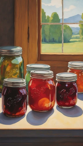 preserves,fruit preserve,apple jam,still life with jam and pancakes,honey jars,homemade preserves,fruit jams,lingonberry jam,jars,currant jam,glass jar,honey jar,mason jars,oils,strawberry jam,canning,empty jar,pectin,guava jam,pickling,Art,Artistic Painting,Artistic Painting 21