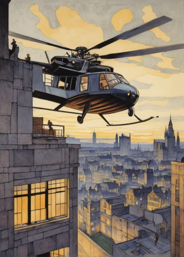 sci fiction illustration,police helicopter,helicopters,above the city,black hawk sunrise,helicopter,helipad,eurocopter,evening city,rotorcraft,blackhawk,lee child,chopper,harbin z-9,skycraper,sky city,bell 206,bell 214,city life,aerial landscape,Illustration,Retro,Retro 05
